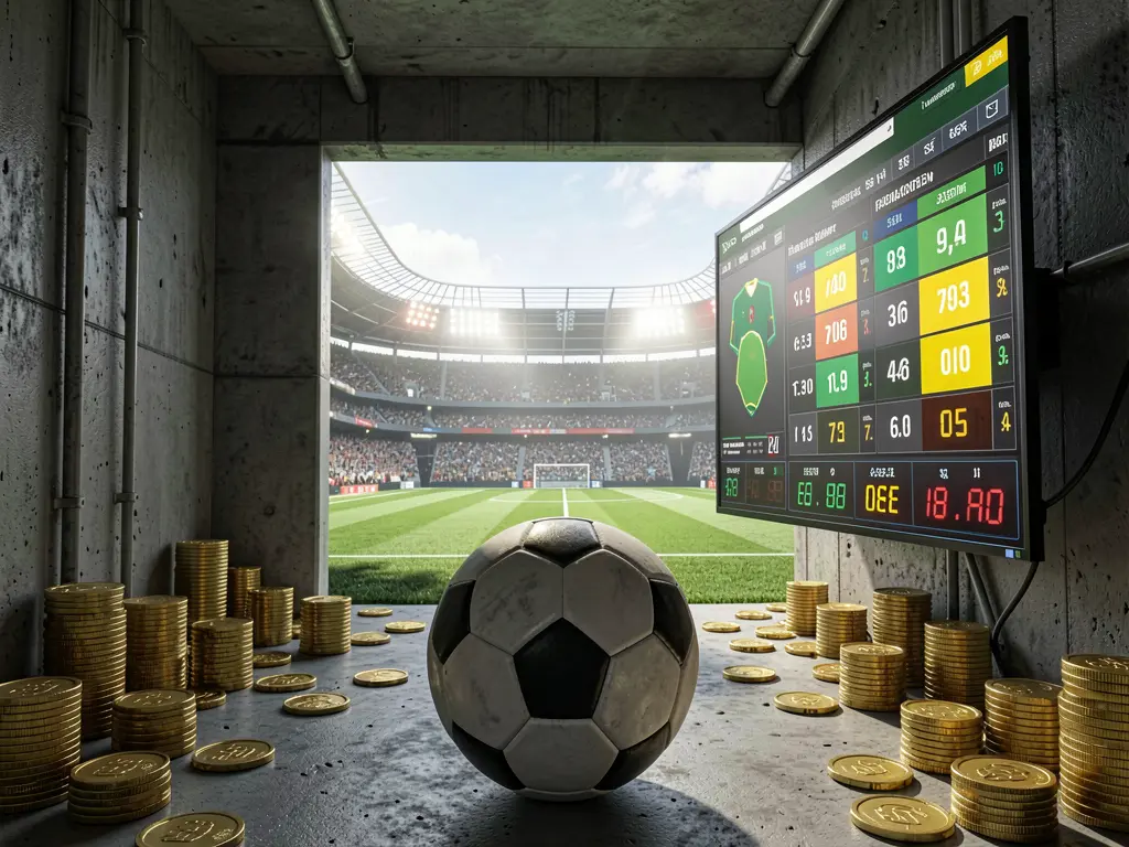 JILITK football betting platform scene showing a dramatic stadium tunnel opening to a bright soccer field with a soccer ball in the foreground, digital odds graphics, and gold coins in a realistic cinematic render