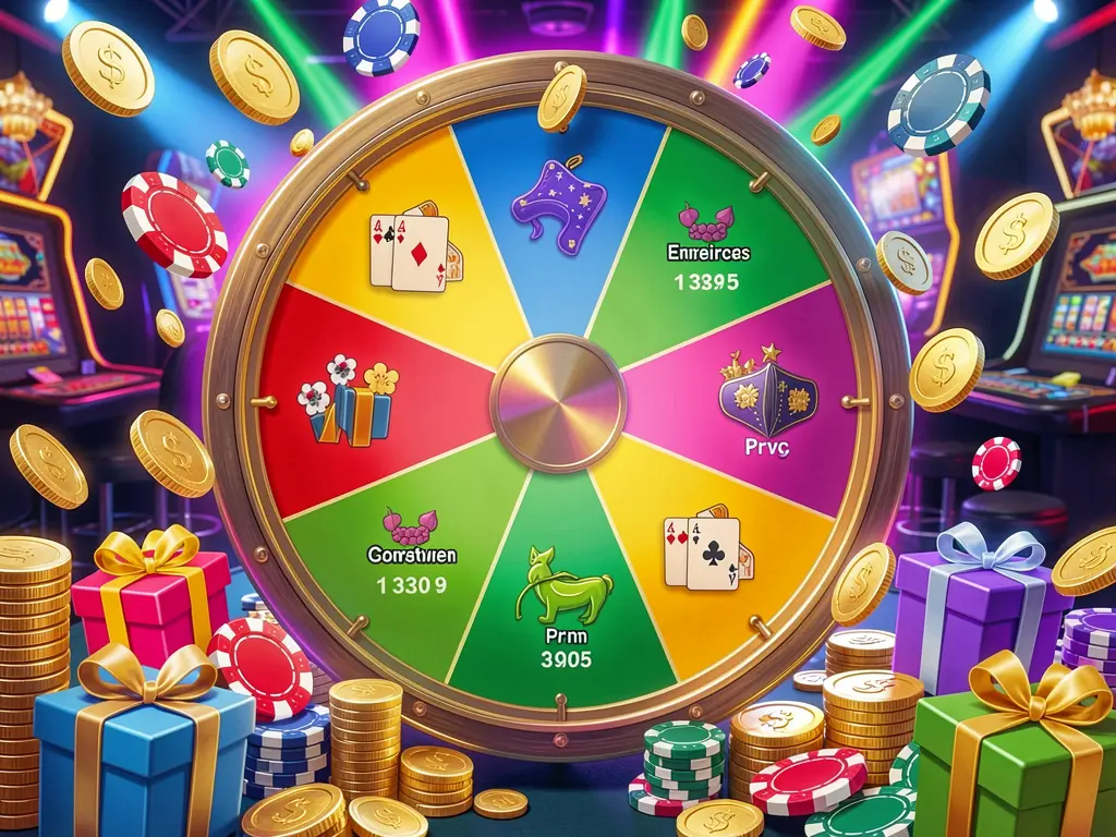 JILITK casino bonus wheel with colorful prize sections surrounded by golden coins, chips, and gift boxes under bright neon casino lights in a dynamic composition