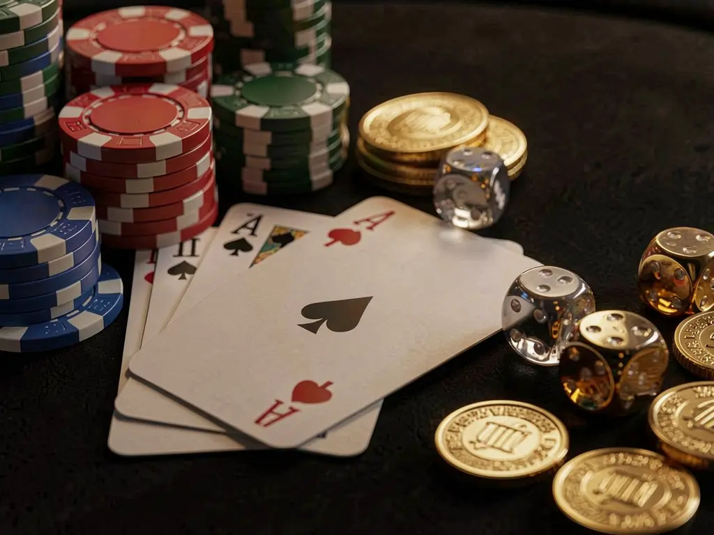 Elegant JILITK casino table close-up featuring poker chips, playing cards, dice, and gold coins with soft cinematic lighting on a luxury black background