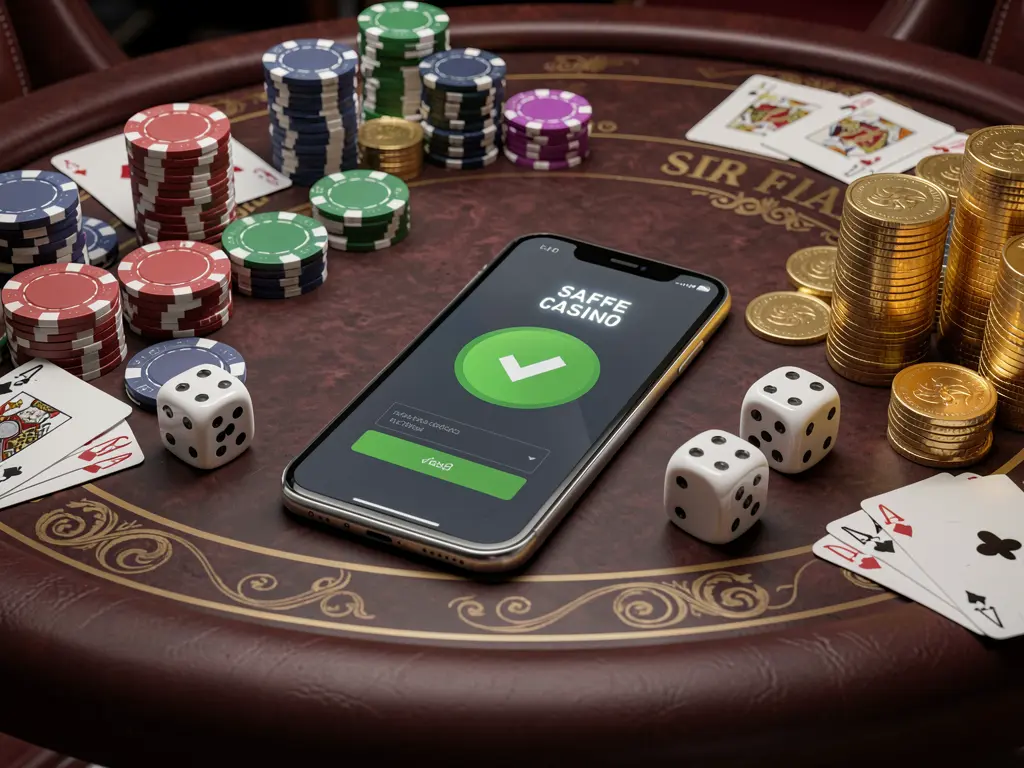 JILITK safe casino login concept showing a smartphone with verification checkmark icon surrounded by chips, cards, dice, and golden coins on an elegant luxury casino table in a 3D realistic render